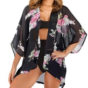 NWOT Black Floral Kimono Beach Swim Cover Up